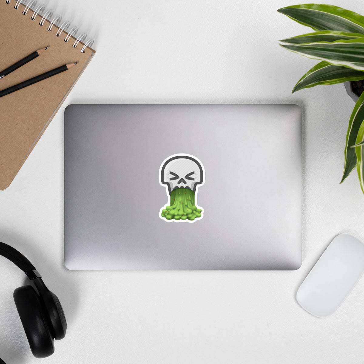 Puking Skull Die-Cut Sticker-Official Sick Flicks Merch on laptop