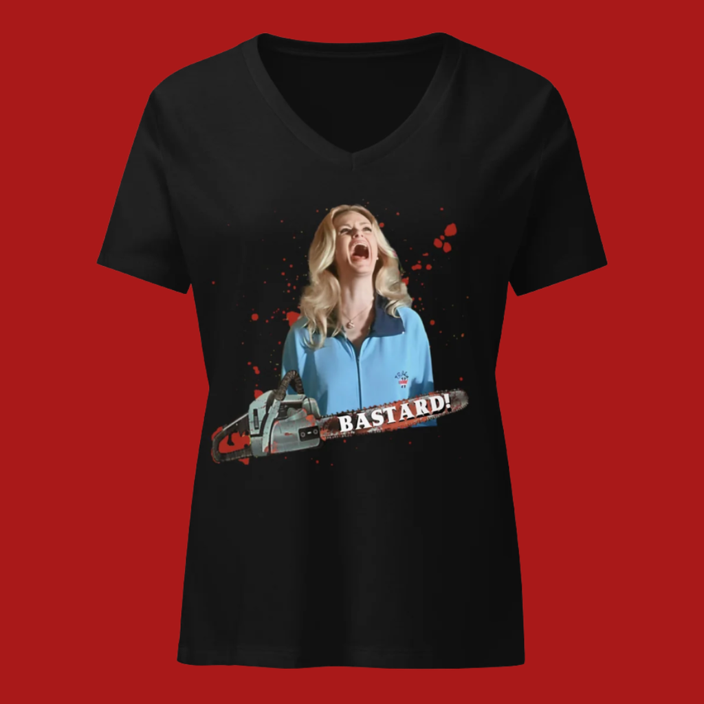 A black women's V-neck t-shirt featuring a Sick Flicks graphic print of a blonde woman screaming in front of a chainsaw with the word 'BASTARD!' across it, set against a solid red background