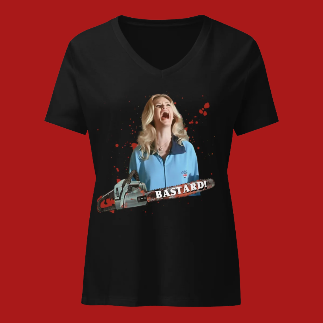 A black women's V-neck t-shirt featuring a Sick Flicks graphic print of a blonde woman screaming in front of a chainsaw with the word 'BASTARD!' across it, set against a solid red background