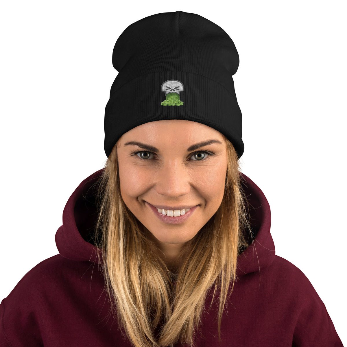 Woman wearing Sick Flicks Puking Skull Horror Beanie  Horror Geek