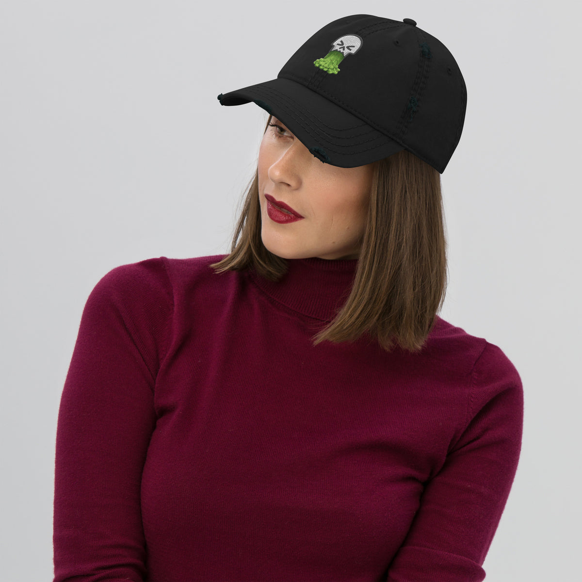 Woman wearing Sick Flicks Puking Skull Horror black distressed Baseball Hat Horror Geek
