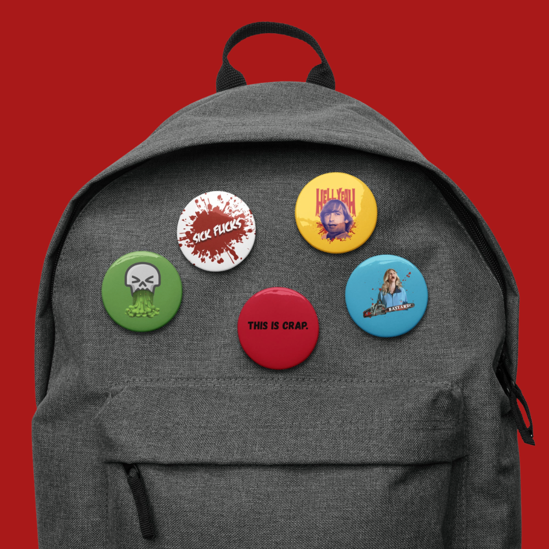 sick-flicks-official-horror-pin-set-from Mike_Bracken-horror-geek on gray backpack