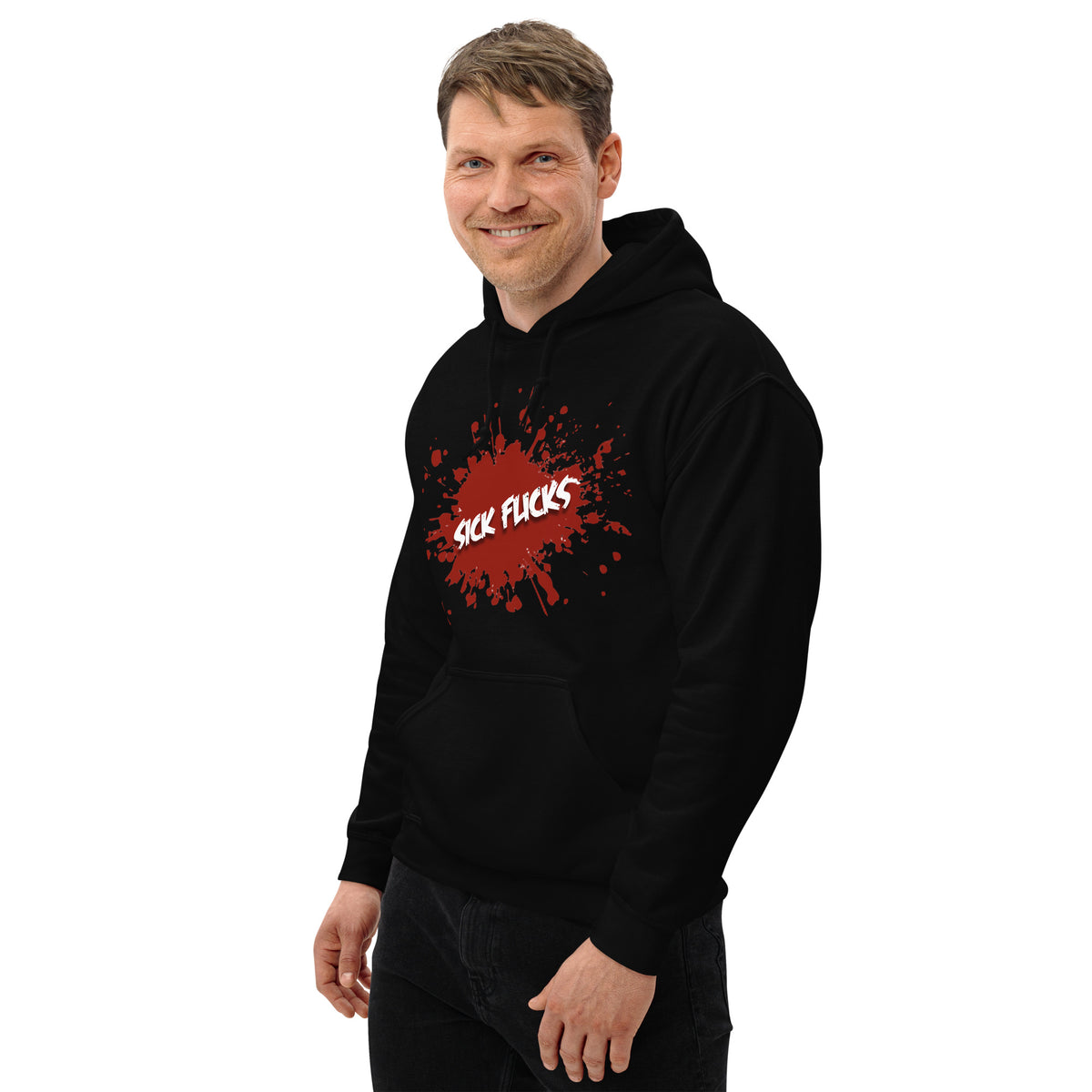 Fan wearing Sick Flicks Official Logo Unisex Hoodie